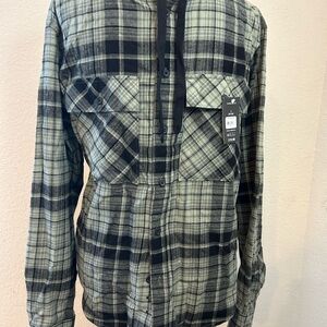 No Boundaries Black Green Gray Plaid Oversized‎ Hooded Shirt Small 34 36